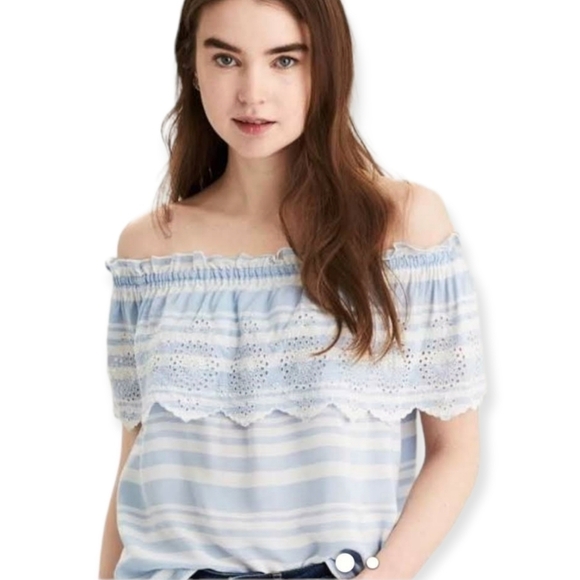 American Eagle western eyelet striped blue and white top size xs - Picture 2 of 11